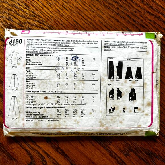 Vintage 1970s Simplicity 8180 Sewing Pattern Sz 2XL-3XL Top Pant Skirt COMPLETE - Picture 2 of 2